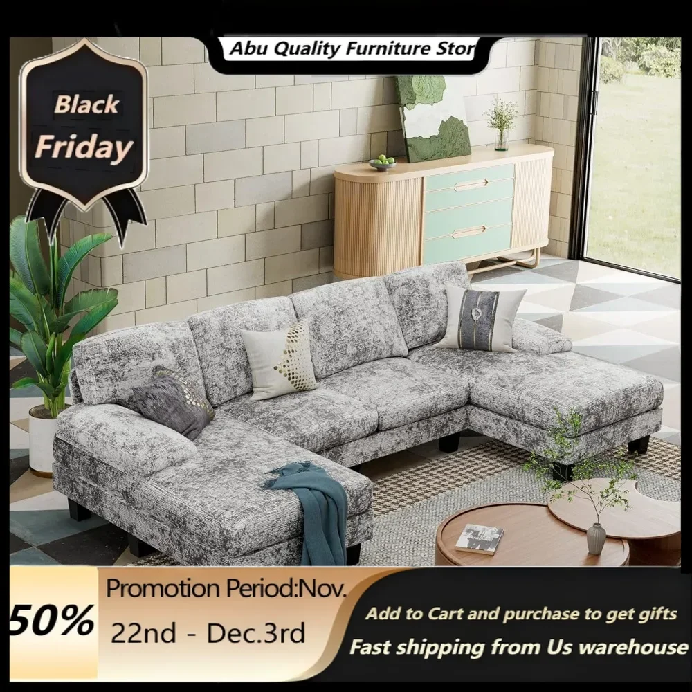 

Convertible Sectional Sofa Couch, Modern Fabric U-Shaped 4-Seat with Double Chaise & Memory Foam,Grey Living Room Sofas