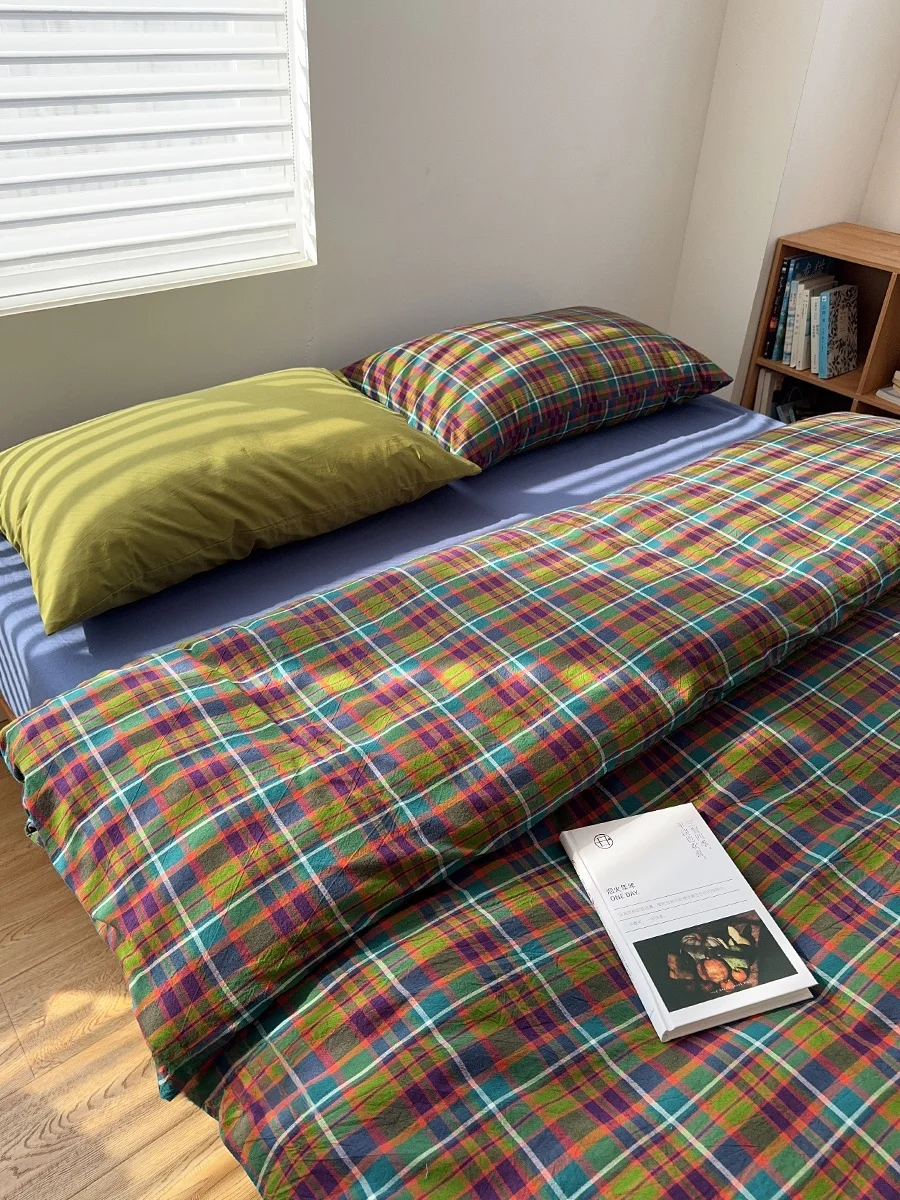 

Ретро-постельный комплект из 100% хлопка в клетку, простой японский стиль, с балдахином, из чистого хлопка