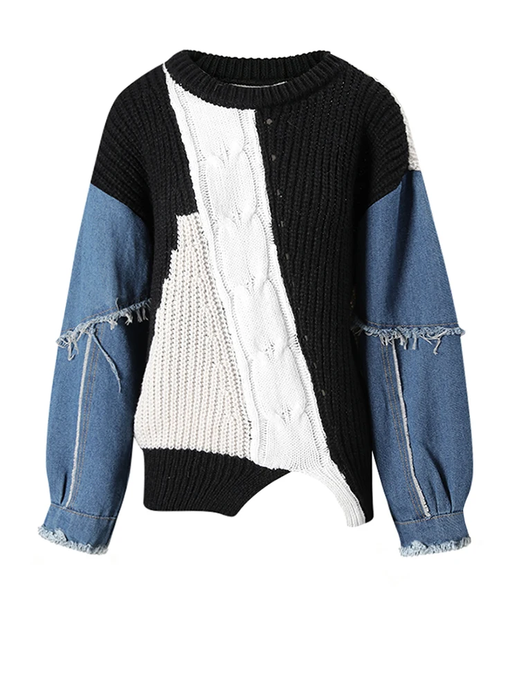 [EAM] Black Denim Color-block Big Size Knitting Sweatshirt New Round Neck Long Sleeve Women Fashion Spring Autumn 2026 CPG6698