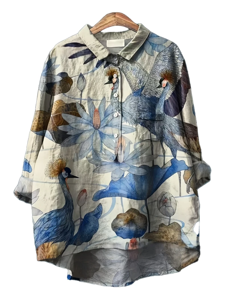 Bomon American Style Retro New Oversized Women's Long Sleeve Shirt Casual Holiday Style Peacock Flower Print Loose Ins Chic Top