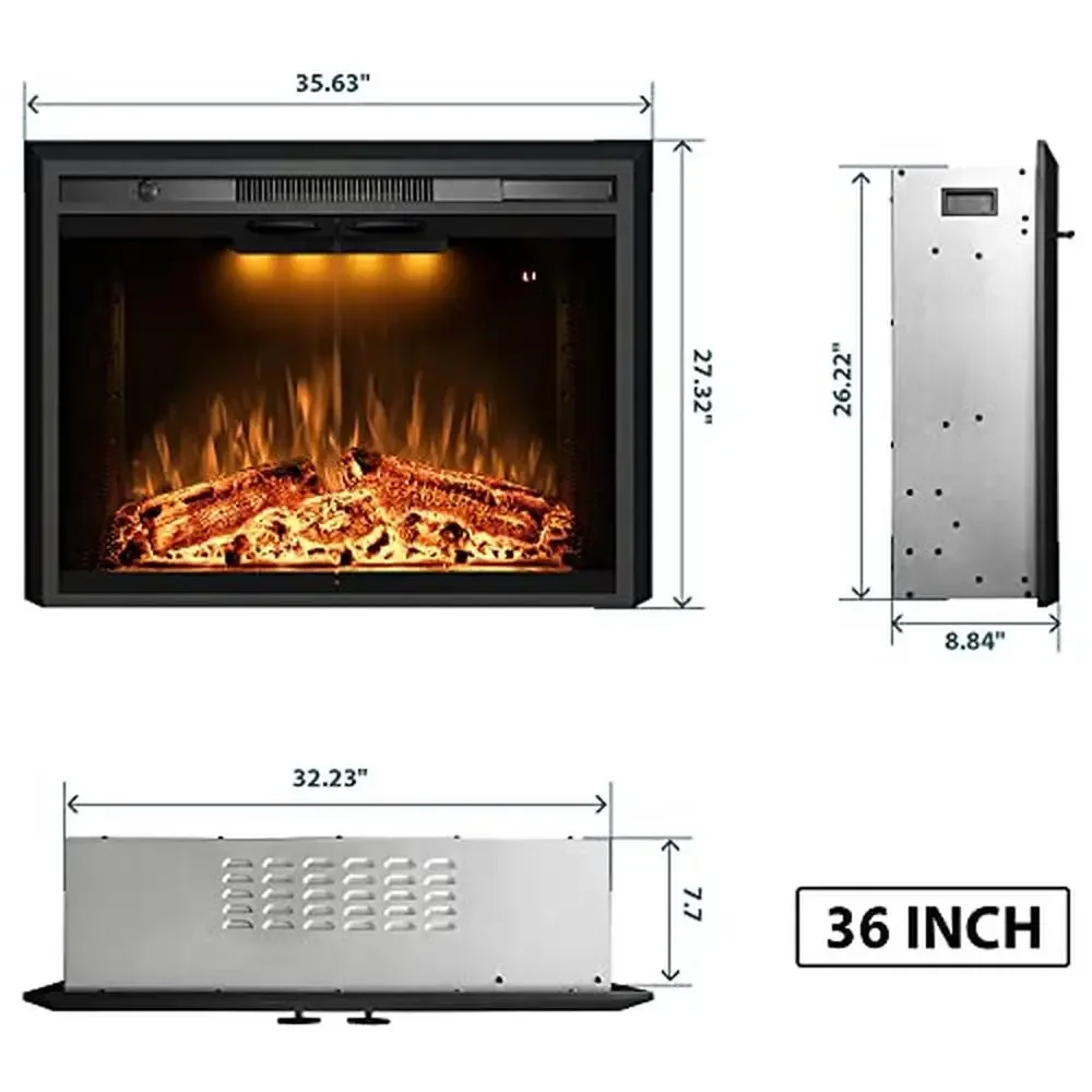 Electric Fireplace Inserts Glass Doors Mesh Screen Realistic Flames Timer 750W/1500W Heater Built-In Control Panel Remote