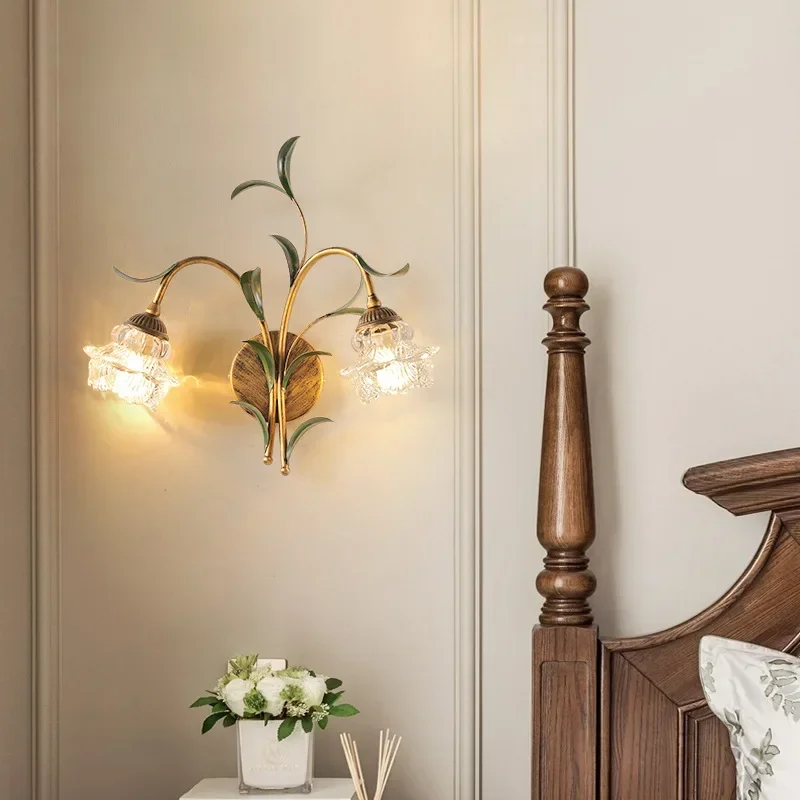 

French Creative Double Headed Transparent Flower Wall Lamp Leaf Bed Headlamp Living Room Countryside Home Decoration Lighting