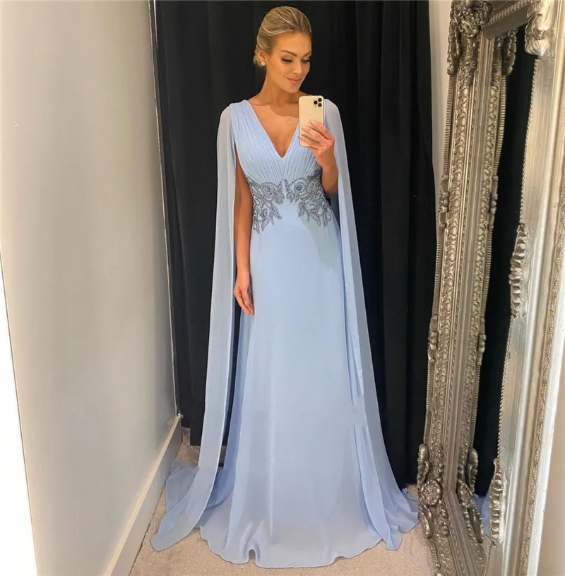 

ANGELSBRIDEP Light Blue Crystals Evening Dresses Prom Dresses V neck Beading Lace Long Cape Sleeves Chiffon Formal Party Dress