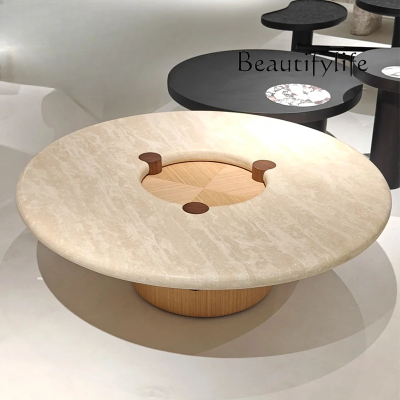 Wabi Sand Wind Premium Sense Solid Wood Natural Travertine Coffee Table Household Cream Wind Marble Coffee Table