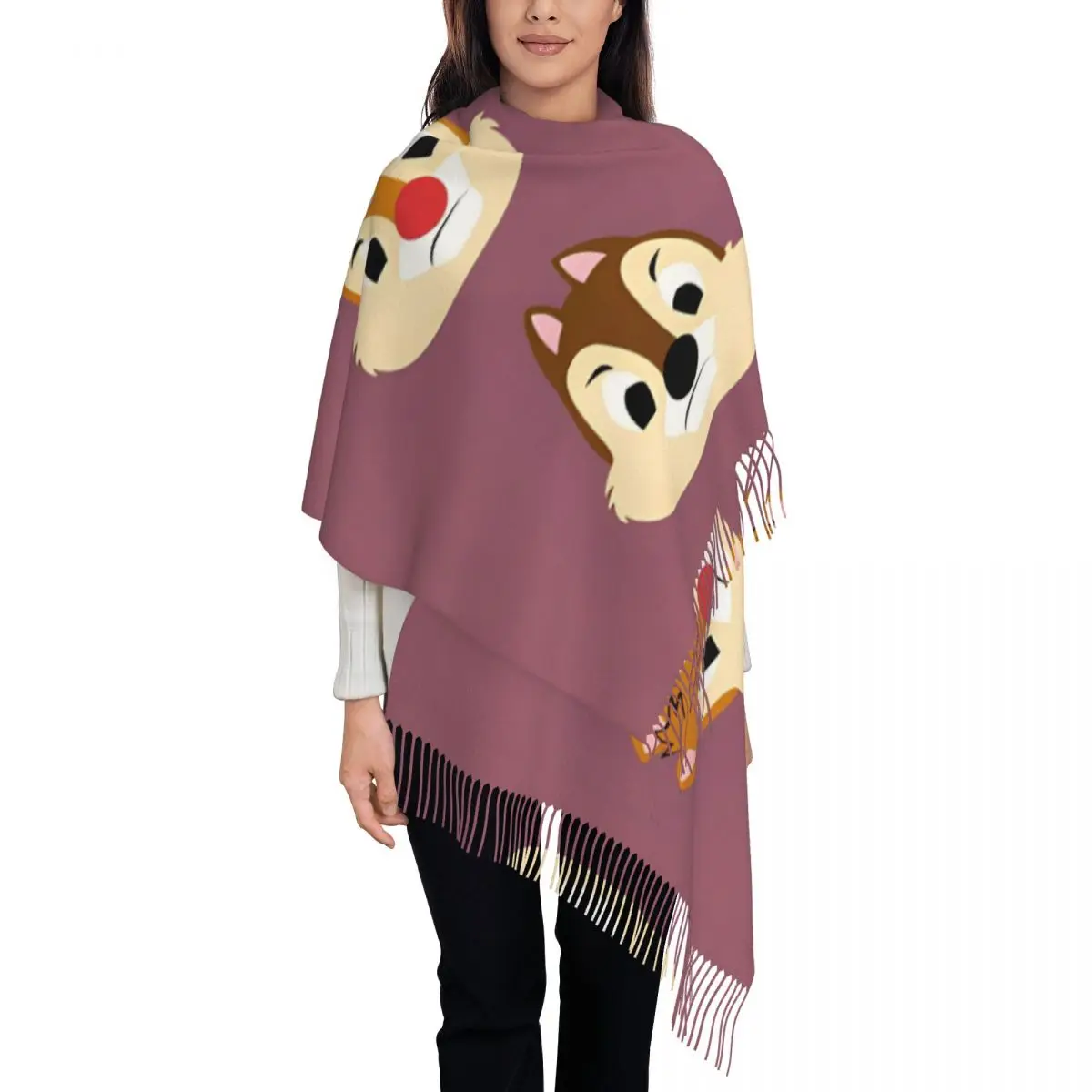 Chip 'n' Dale Hello Shawl Wrap for Womens Winter Long Soft Scarf Cartoon Cute Pashmina Tassel Scarves