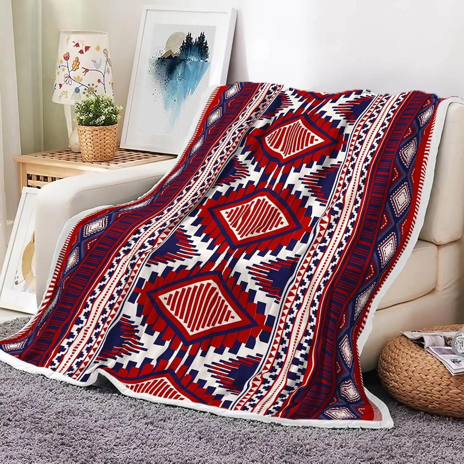 Oversized Geometric Flannel Throw Blanket for Sofa Couch Decor Winter Boho Tribal Zigzag Pattern Cozy Picnic Throw Housewarming