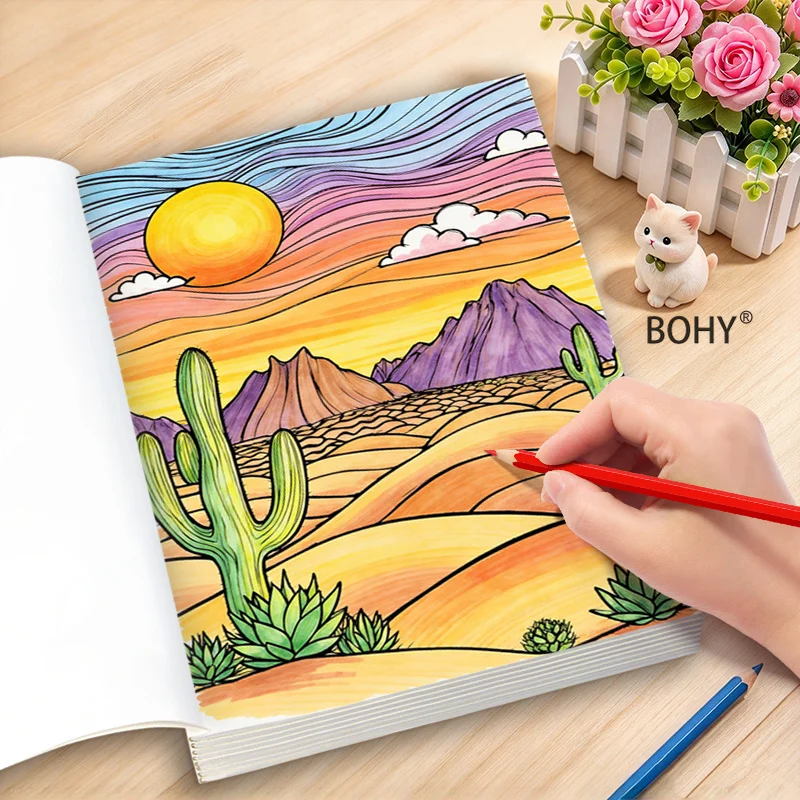 1 Adult Decompression Coloring Line Tracking Drawing Book, Include Desert Scenery/mandala and Other Theme Line Drafts, 24 Pages