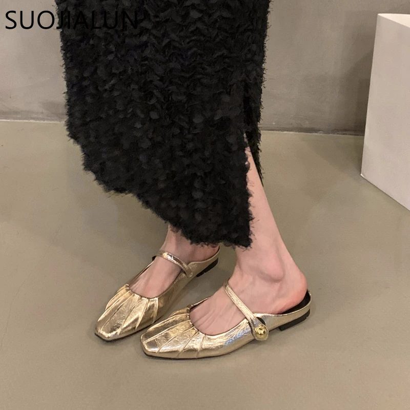 SUOJIALUN 2024 Spring New Brand Women Slipper Fashion Pleated Round Toe Slip On Mules Shoes Round Toe Outdoor Dress Sandal Shoes