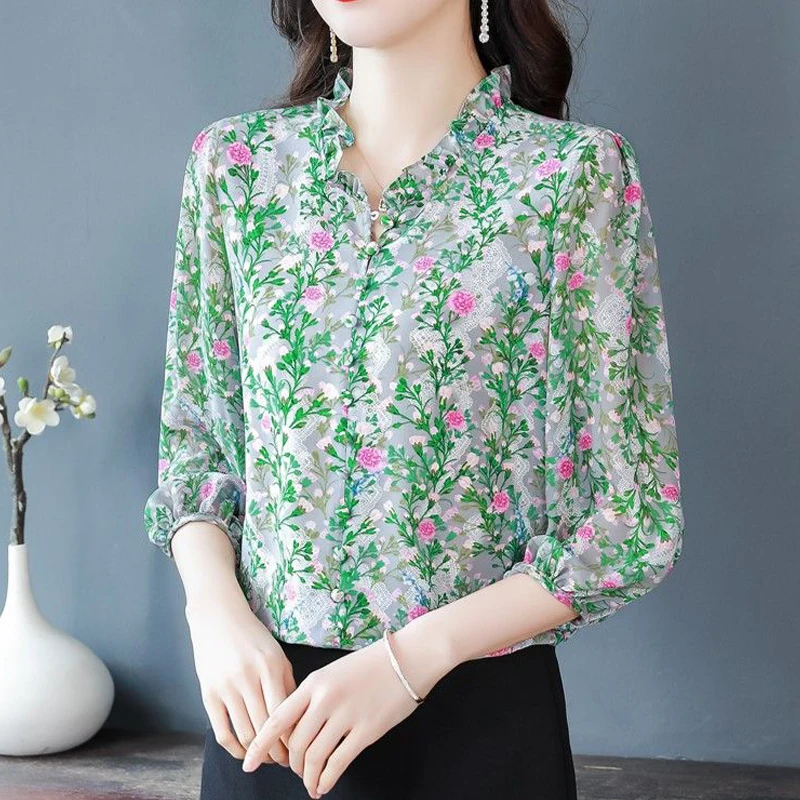 Women\'s Ruffle Floral Print Vintage Elegant Button Up Shirt Korean Fashion V Neck 3/4 Sleeve Blouse Casual Loose Sweet Chic Tops