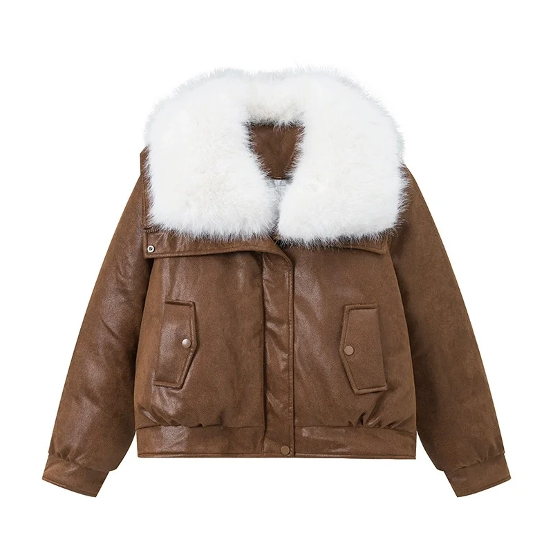 Fashion Faux Leather Cotton-padded Jacket Women's Winter Short Parkas Big Fur Collar Thicken Coats Student Warm Loose Outerwear