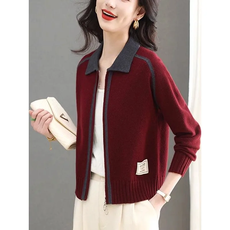 Nowy sweter damski z dzianiny na wczesną wiosnę 2025, krótki, modny top z podwójnym zamkiem i klapami, model JJ839