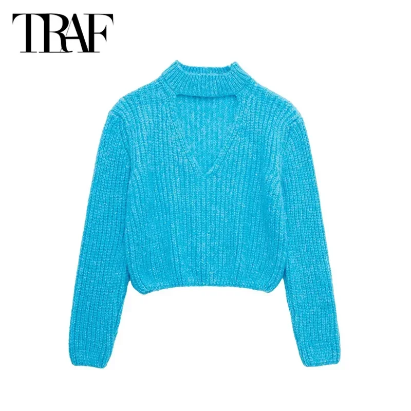 TRAF Blue Cropped Sweaters for Women Autumn Winter Knitted Sweater Woman Cut out Knitwear Pullover Long Sleeve Jersey Woman 2024