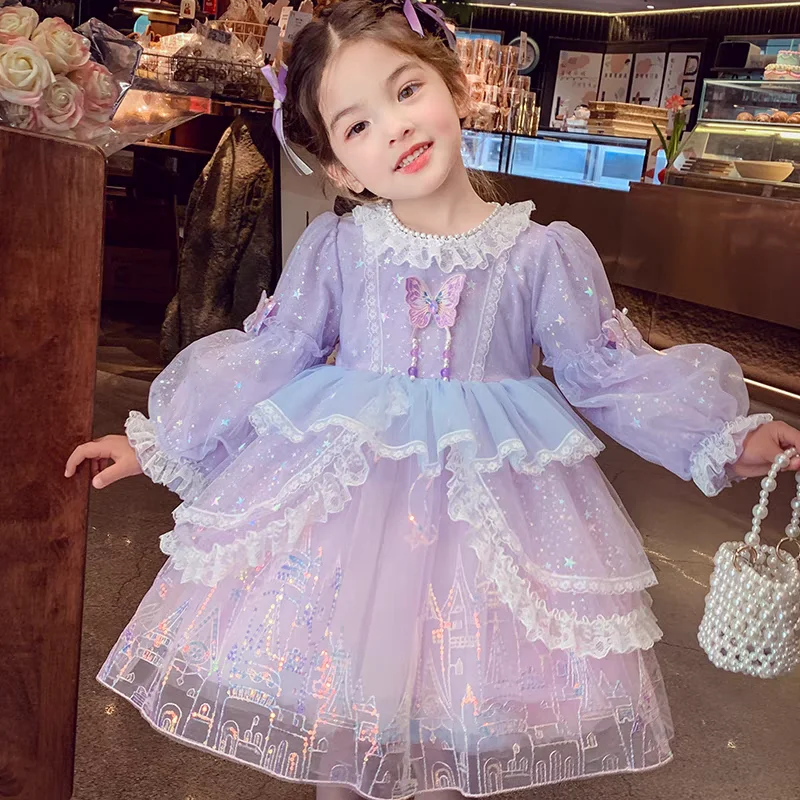 Boutique Luxury Kids Lolita Sequin Butterfly Tulle Dresses Long Sleeves Lace Trim Princess Dress Gown for Birthday Party