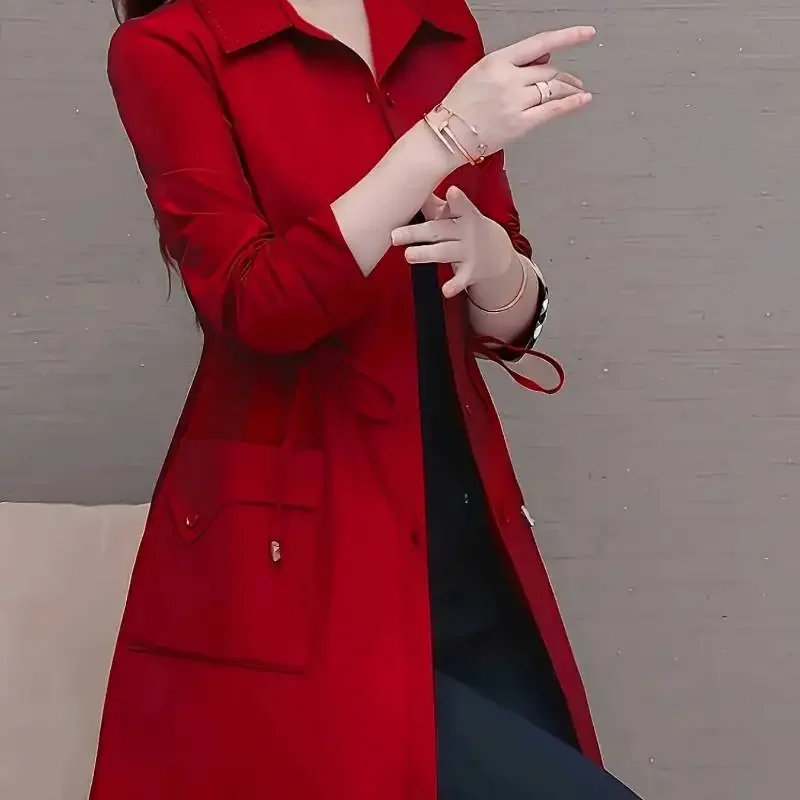 Camisa feminina elegante de manga comprida de cor sólida com cordão na cintura e detalhes de bolso duplo para viagens no escritório