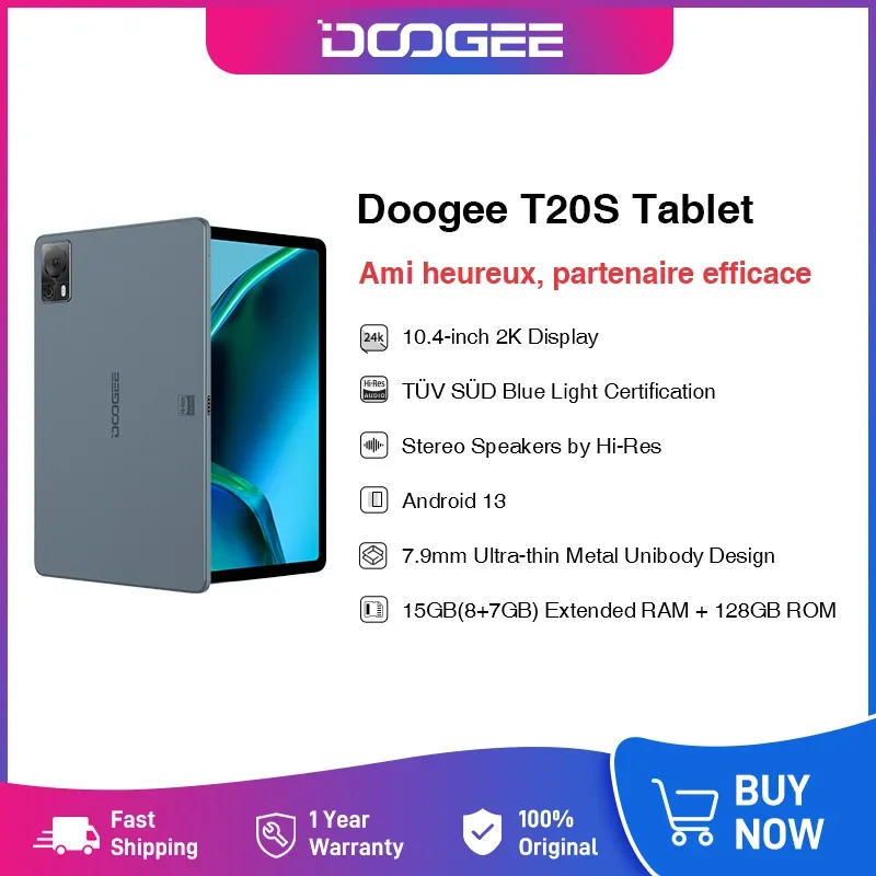 DOOGEE T20S Tablet AufV Certificato SÜD Display 2K da 10,4" 8 GB + 128 GB 7500 mAh 13 MP Fotocamera principale Corpo da 7,9 mm Altoparlanti ad alta risoluzione Android 13