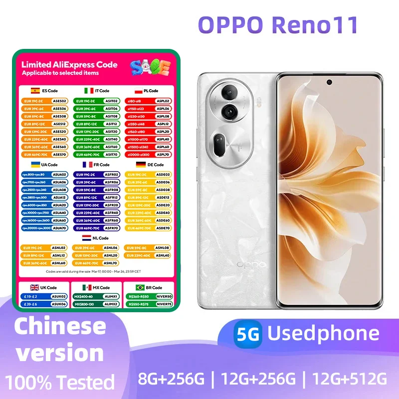 OPPO Reno11 5g Android CPU MediaTek Dimensity 8200 6.7inches smartphone 67W SuperVOOC 4800mAh NFC Camera 50MP used phone