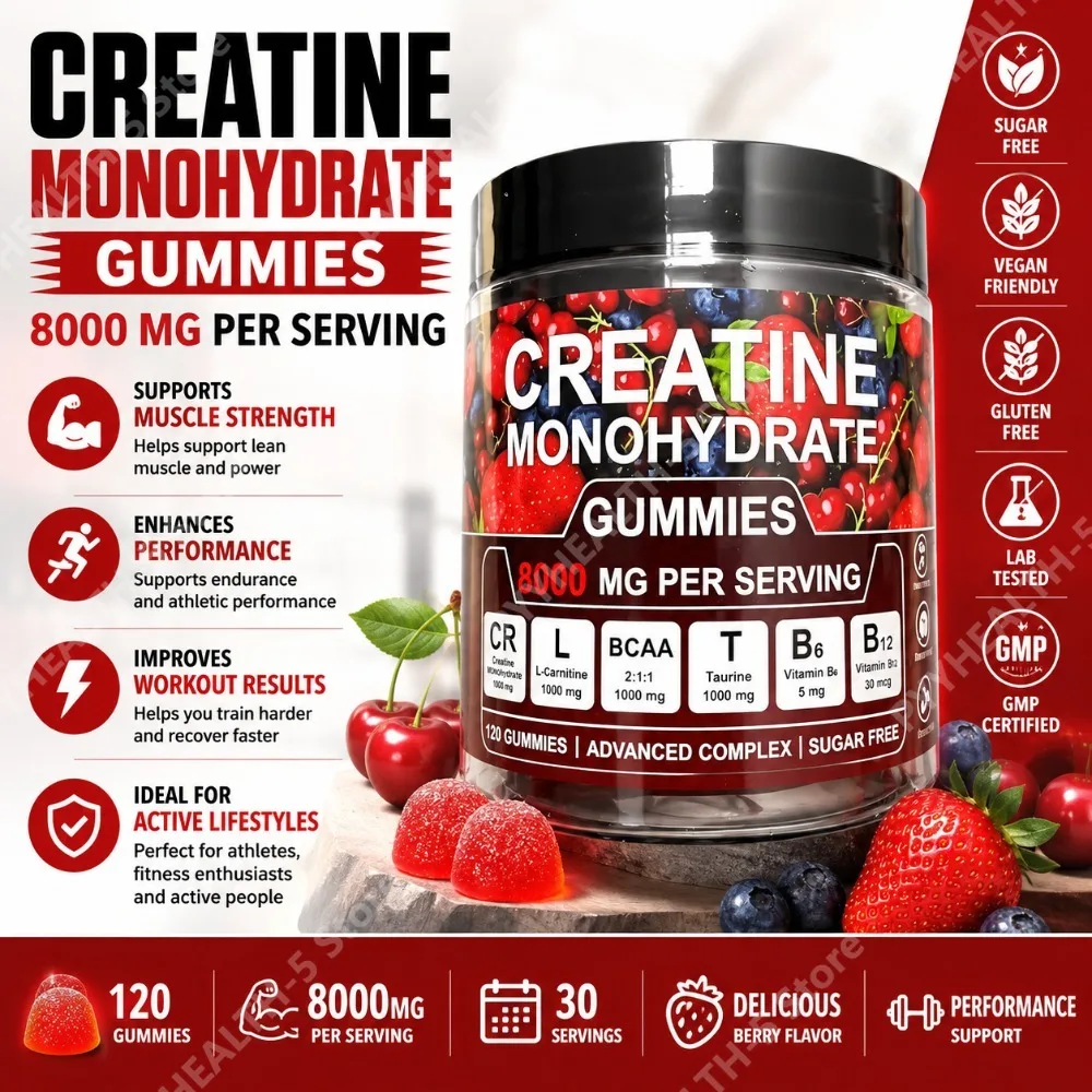 Creatine Monohydrate Gummies 8000mg, 120 Count Sugar Free Vegan Berry Chewable Supplement with BCAA Taurine L-Carnitine