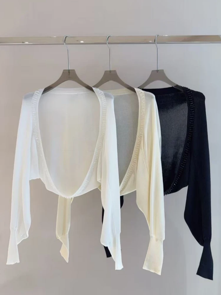 

Летний тонкий вязаный кардиган с открытыми плечами, женская верхняя одежда, короткое пальто с подушечками на плечах и украшениями в виде бриллиантов, французский стиль, весна-осень