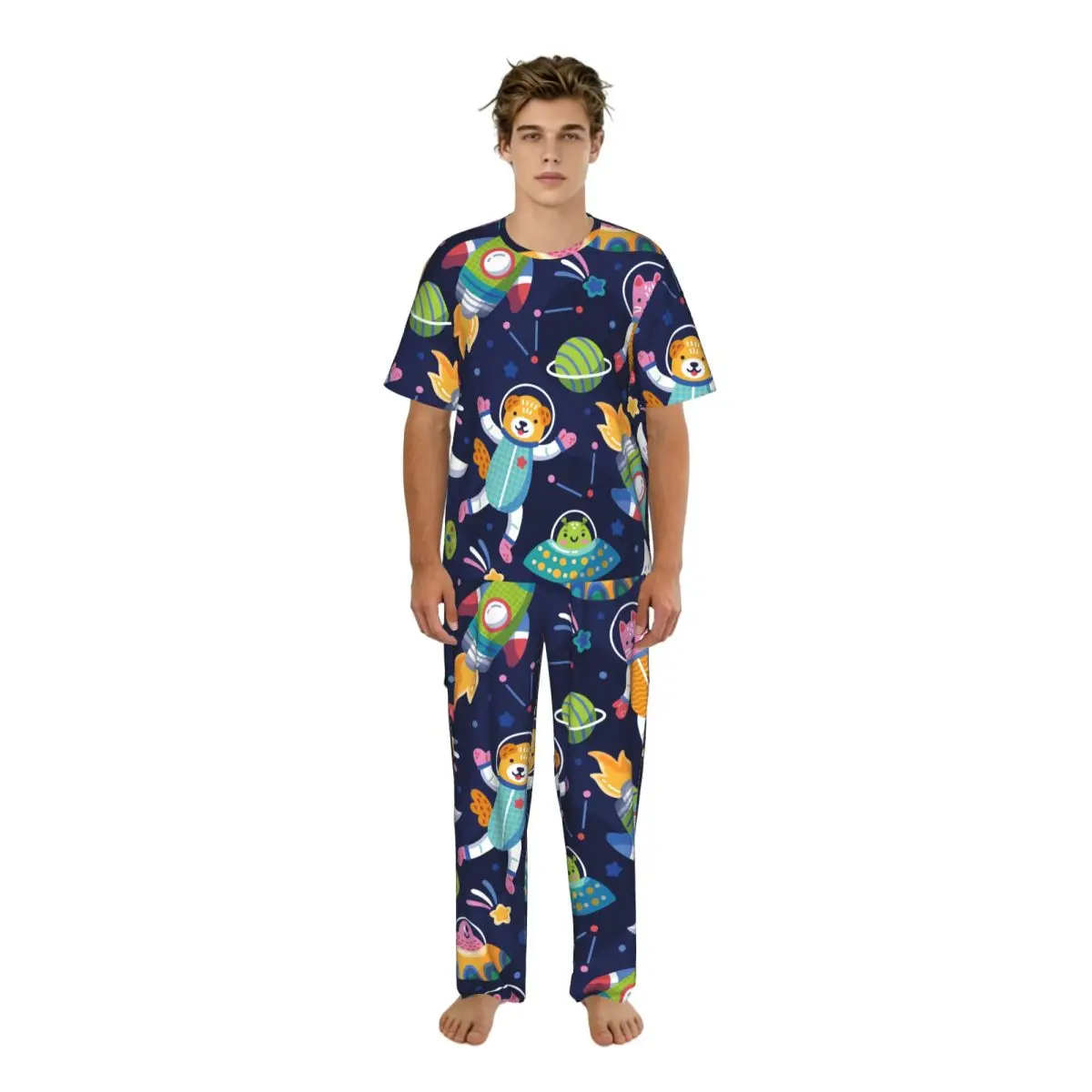 Sleepwear Summer Spring Home Clothes Colorful Galaxy Animals Short Sleeve Long Pant Nightwear