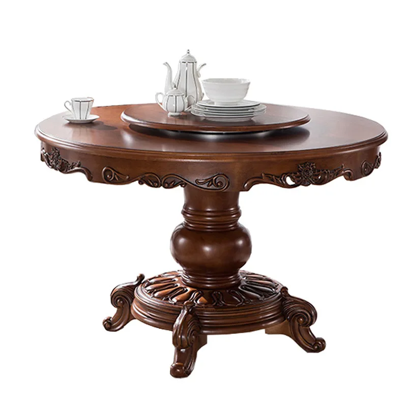 

American retro, oak carving, solid wood round dining table and chair combination
