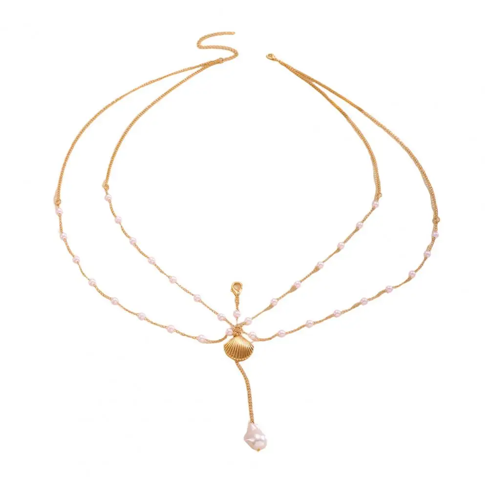Layered Double-Layer Chain Marine Theme Body Chain With Imitation Pearls Shells Starfish Drape Design Jewelry Accessory