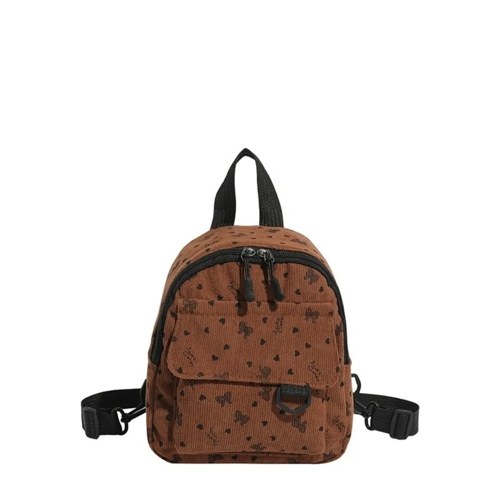 Fashion Sweet Corduroy Mini Backpack Lightweight Multi-compartment Shoulder Bag Heart Bow Print Zippered Opening Rucksack Women