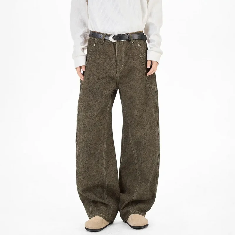 

2026 Vintage Washed Japanese Style Khaki Cargo Denim Jeans for Men, Casual Loose, Retro Streetwear Fashion, Versatile, Comfortab