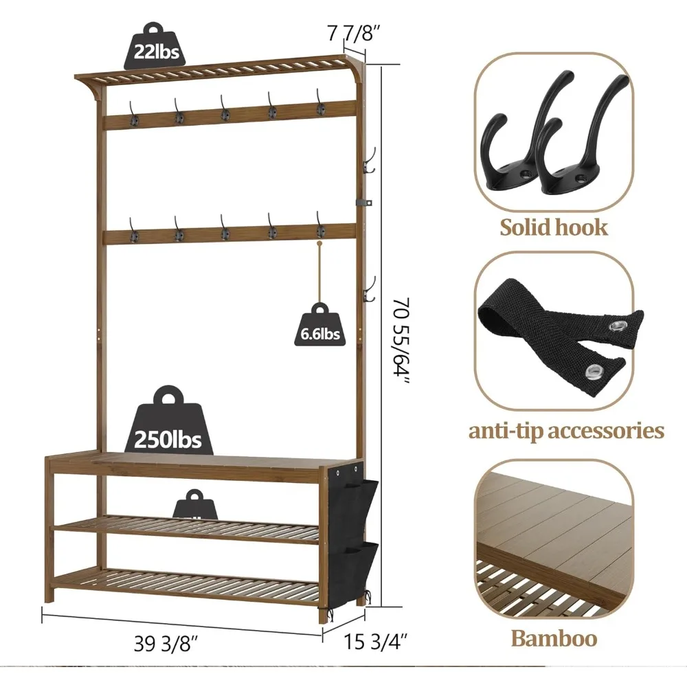 Pohon AMBIRD Hall dengan bangku sepatu, bangku pintu masuk dengan rak mantel 6 dalam 1 rak sepatu mantel dengan penyimpanan tas kain