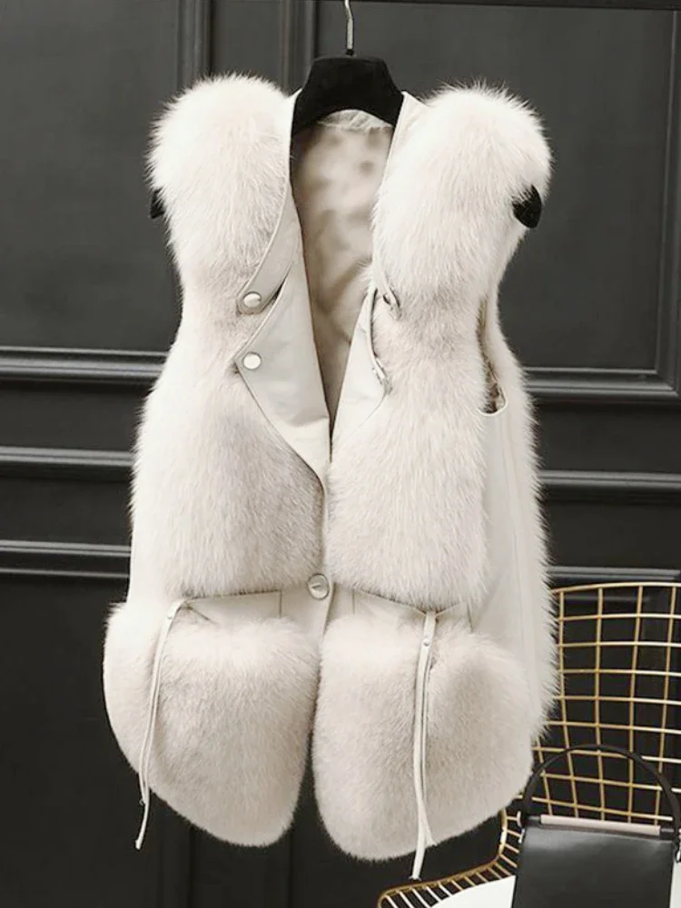 Female Waistcoat New Autumn Winter Imitation Fox Hair Vests Top Patchwork Stand Collar Sleeveless Fur Jacket Elegant Women Coat