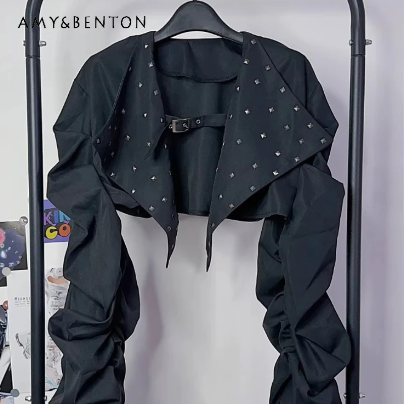 

Punk Black Y2K Hot Girl Subculture Rock Women's Jacket 2026 Spring New Rivet Short Turn-Down Collar Pile Sleeve Jackets Ladies