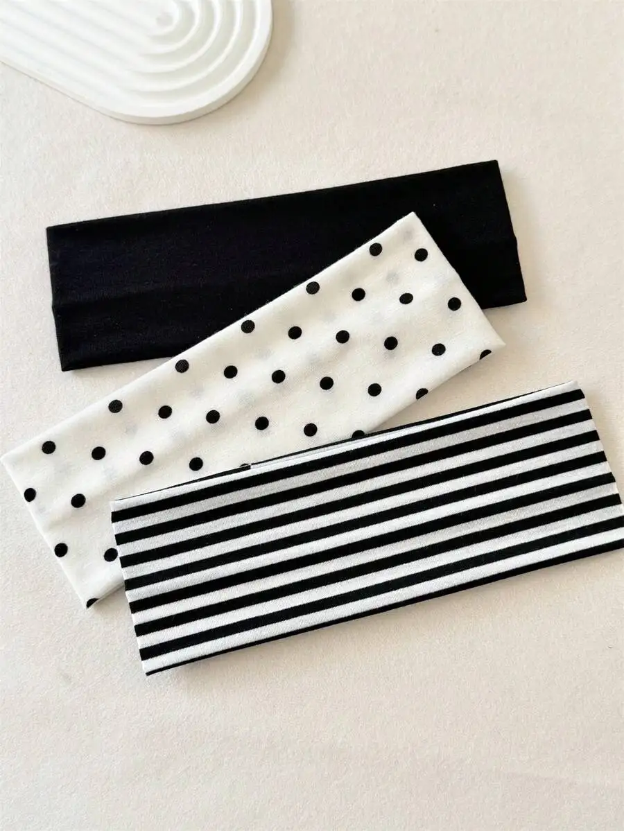 

3pcs Unisex Polka Dot Striped Black Elastic Headbands For Fitness Yoga Running