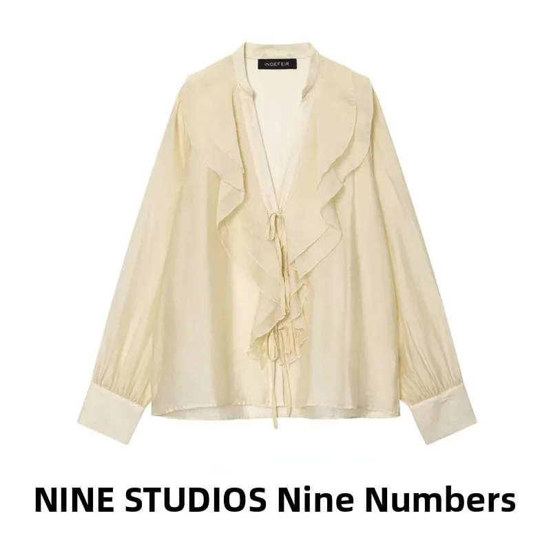 NINE ZAR feminino irt com gravata borboleta longa sve em camadas decoração europeia sle solto ajuste v-ne poliéster linha a sve