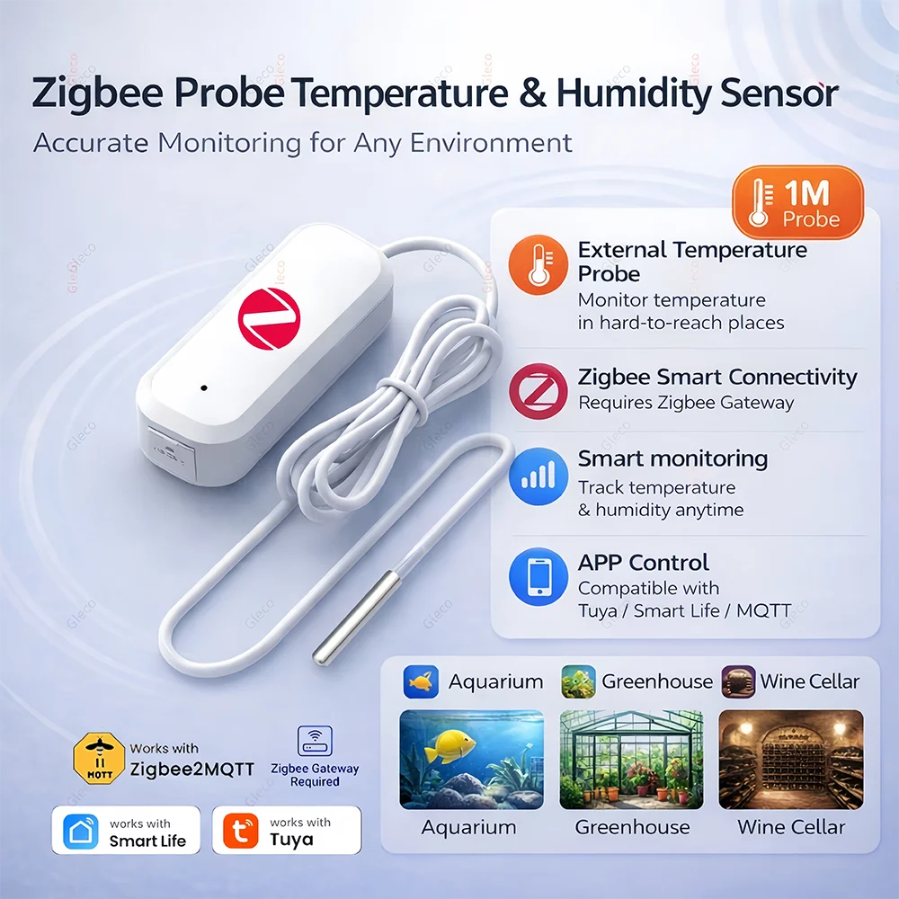Zigbee External Probe Temperature Ambient Humidity Sensor Thermometer Hygromete Smart Home Monitor For Tuya Smart Life 2MQTT