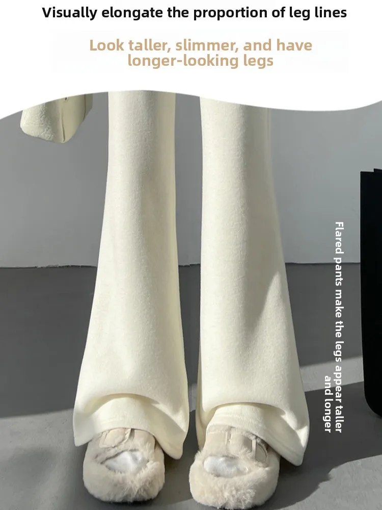 Weiße, mit Fce gefütterte, gestrickte Wollhose mit weitem Bein für Damen, Herbst und Winter, hohe Taille, elastischer Verschluss, hohe Faion-Freizeithose