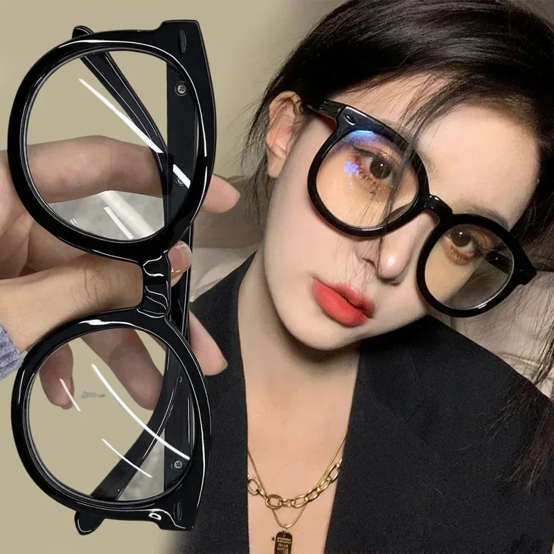 Fashion Vintage Glasses Anti Blue Frosting Black Optical Glasses Unisex Big Round Frame Blocking Glossy Frosting Eyeglasses