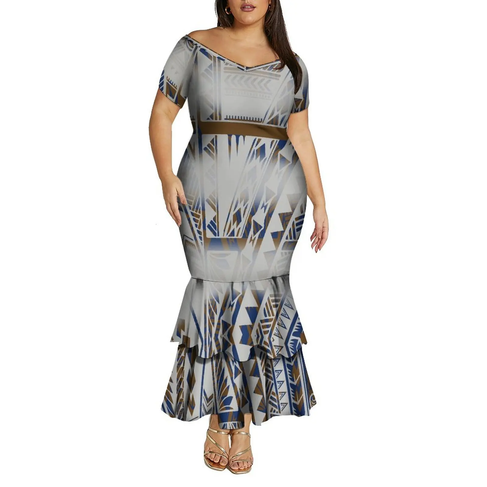 Vestido rabo de peixe de dupla camada elegante com ombro de fora grande decote em V vestido justo feito sob medida para mulheres polinesias