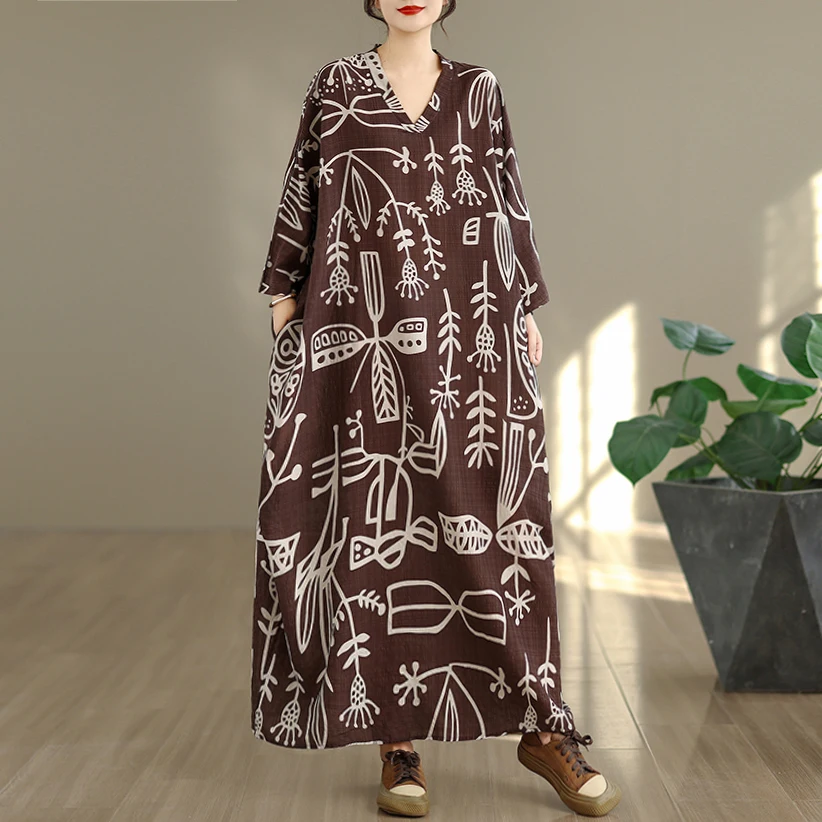 Printemps automne Floral Vaion Sle voyage V Ne rétro longue Dr viande dissimulant coton lin Dr grande taille minceur mince