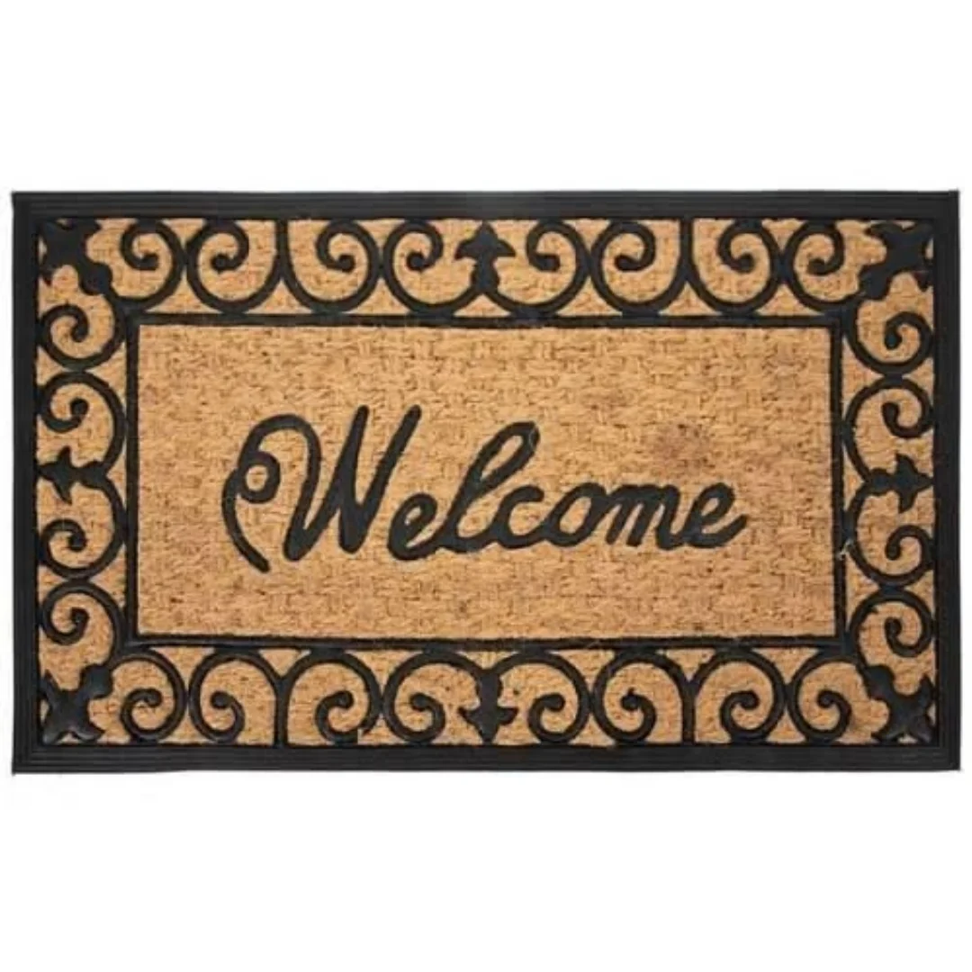 Welcome Cursive Letter Coir Door Mat Double Grey Border Print Indoor Outdoor Front Entryway Welcome Doormat Home Decor Rug