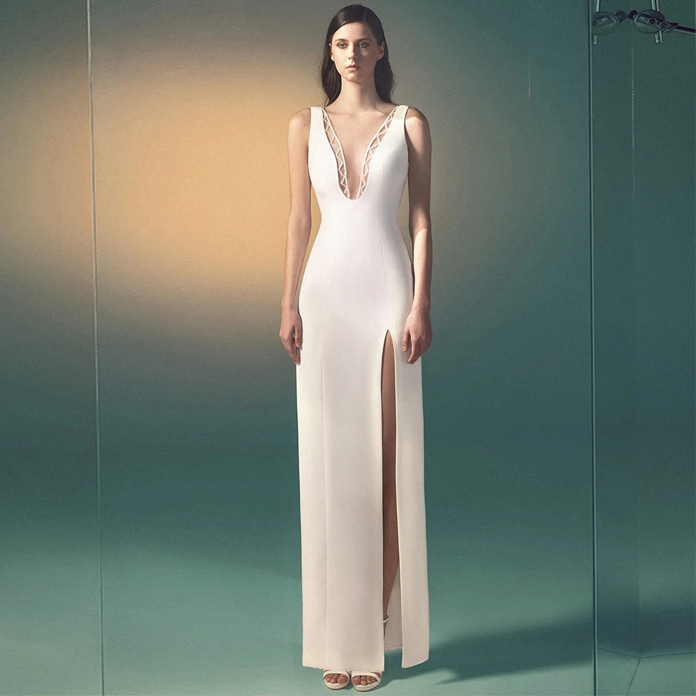 

Minimalist White Elegant Evening Dress Customized Sleeveless V-Neck Side Slit Straight Engagement Party Gowns Robes De Soirée