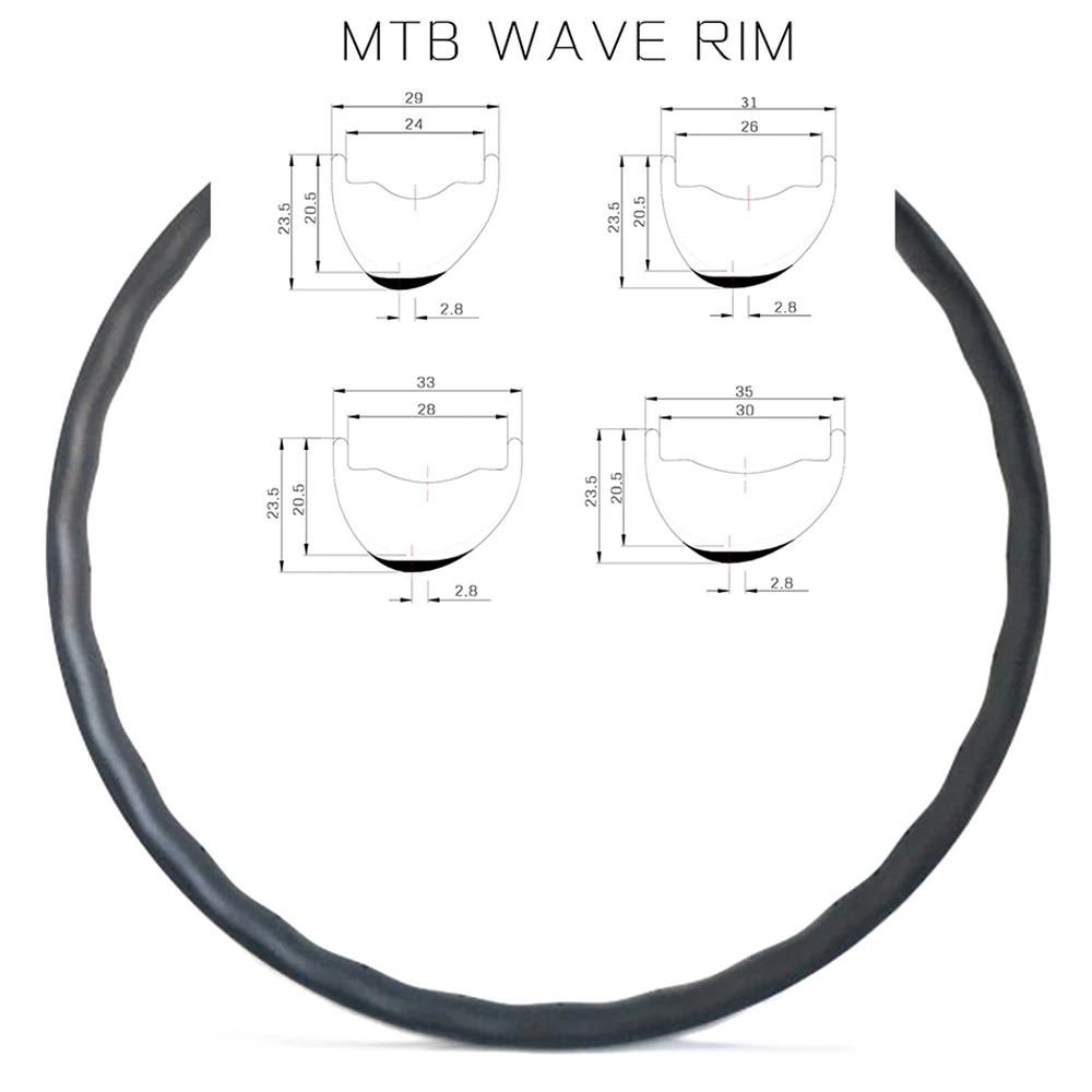 Wave Shape 29er Carbon Rim 29/31/33/35mm Width Wavy Asymmetric Tubeless Hookless MTB Carbon Rim XC Boost 28h 23.5mm Deep Ud Disc