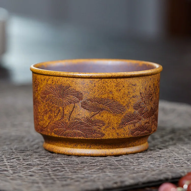 Purple Clay Tea Cup, Dragon Bone Gold Sand Handmade Cup, Fish Lotus Design, Master Guest Cup For Kung Fu Tea & Gifts