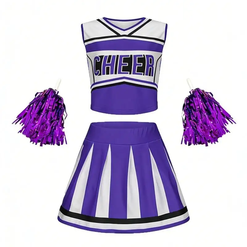 Lively Cheerleader Outfit Sleeveless V Neck Letters Printed Tank Top Skirt With Flower Balls for Girl Football Game Festival