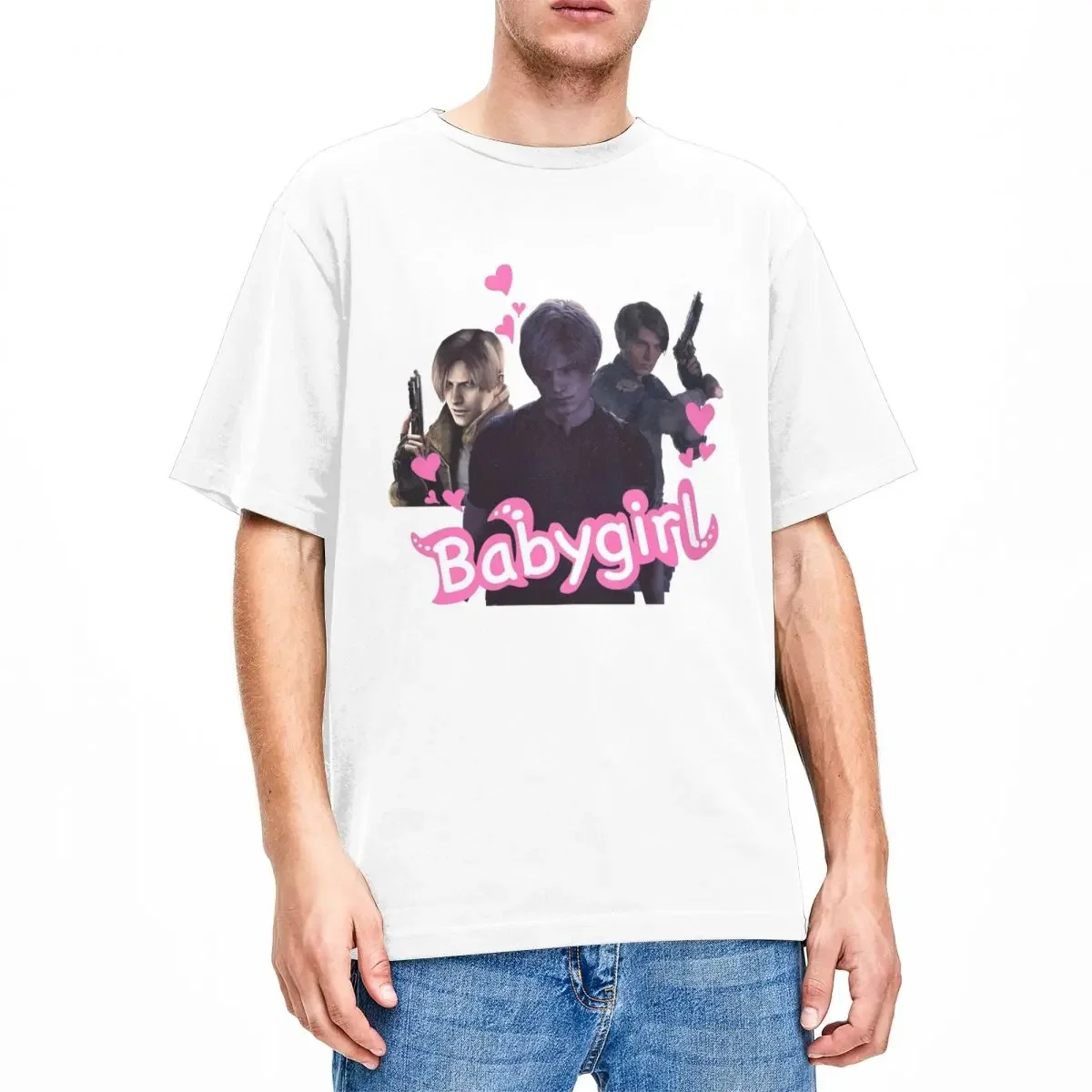 Camiseta de algodón puro con cuello redondo para hombre, camisa de manga corta con estampado de Trio Leon Kennedy, Babygirl, juego de terror, ideal para regalo