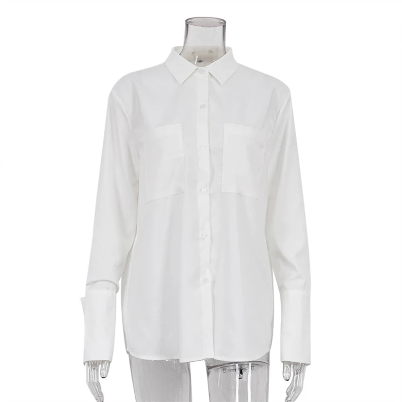 Spring Autumn 2024 Design Dual Pockets White Shirt Women Blouse Solid Turn-down Collar Long Sleeve Long Shirt Top Vintage 48906