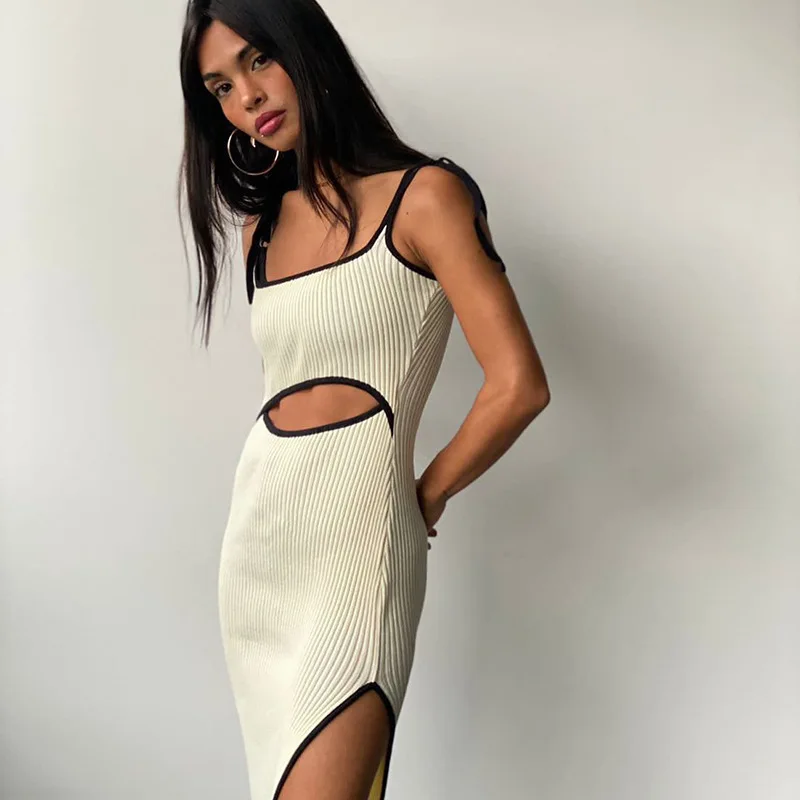 Dames spaghettibandjes mouwloos contrasterende kleur geribbelde uitgesneden zijsplit lange jurken zomer slim fit bodycon-jurk