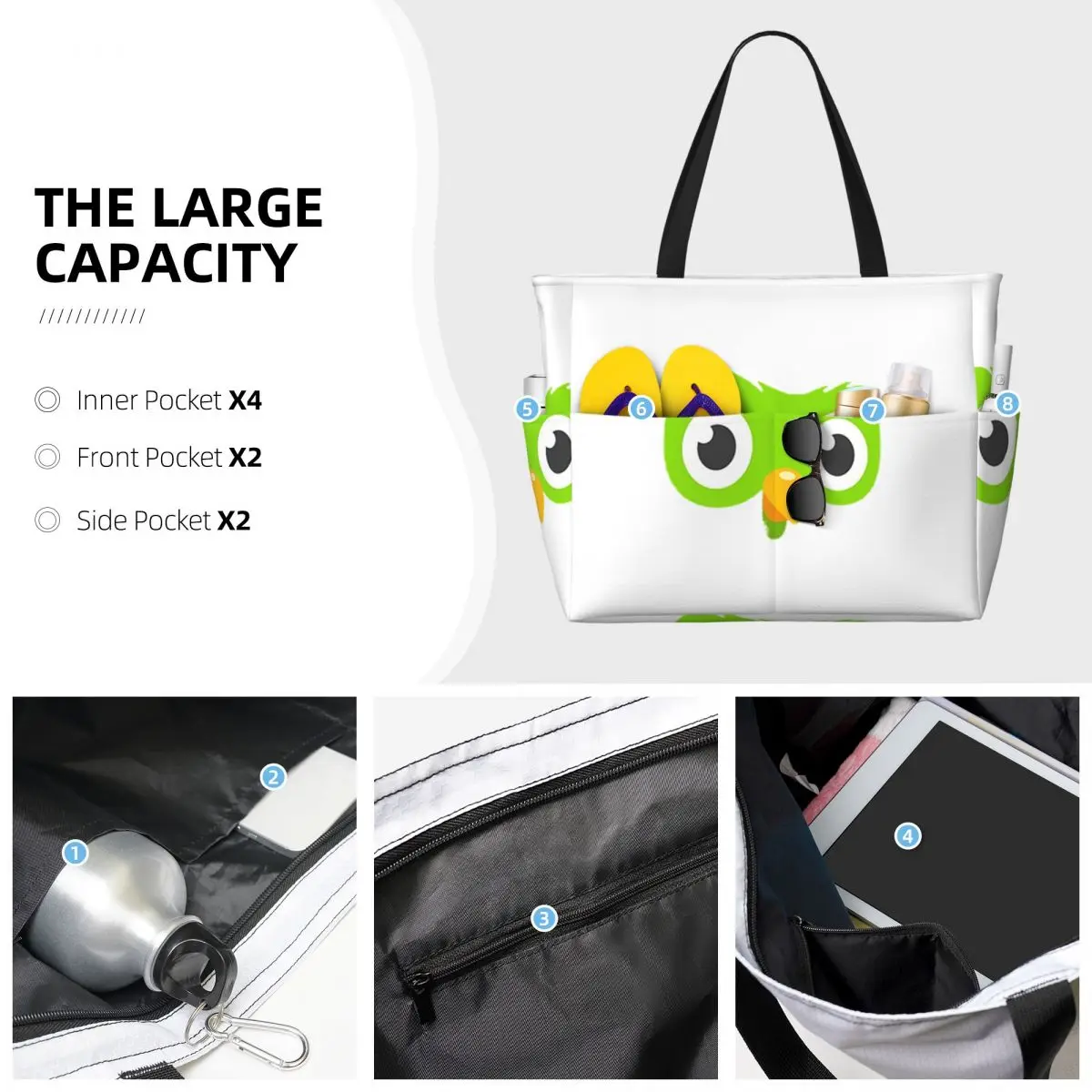 Duolingo Owl Duo Beach Tote Bag Sport Gym Yoga Duffle Large Tote Bag Women Travel Bag Fitness bag
