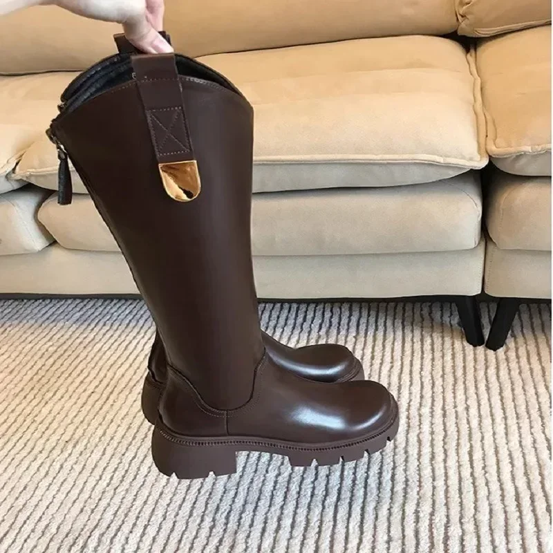 Thick Soled V-necked Long Leg Knight Boots for Women's 2024 Autumn Winter New Fashion Long Leg Knee Length Womans Boots Zapatos