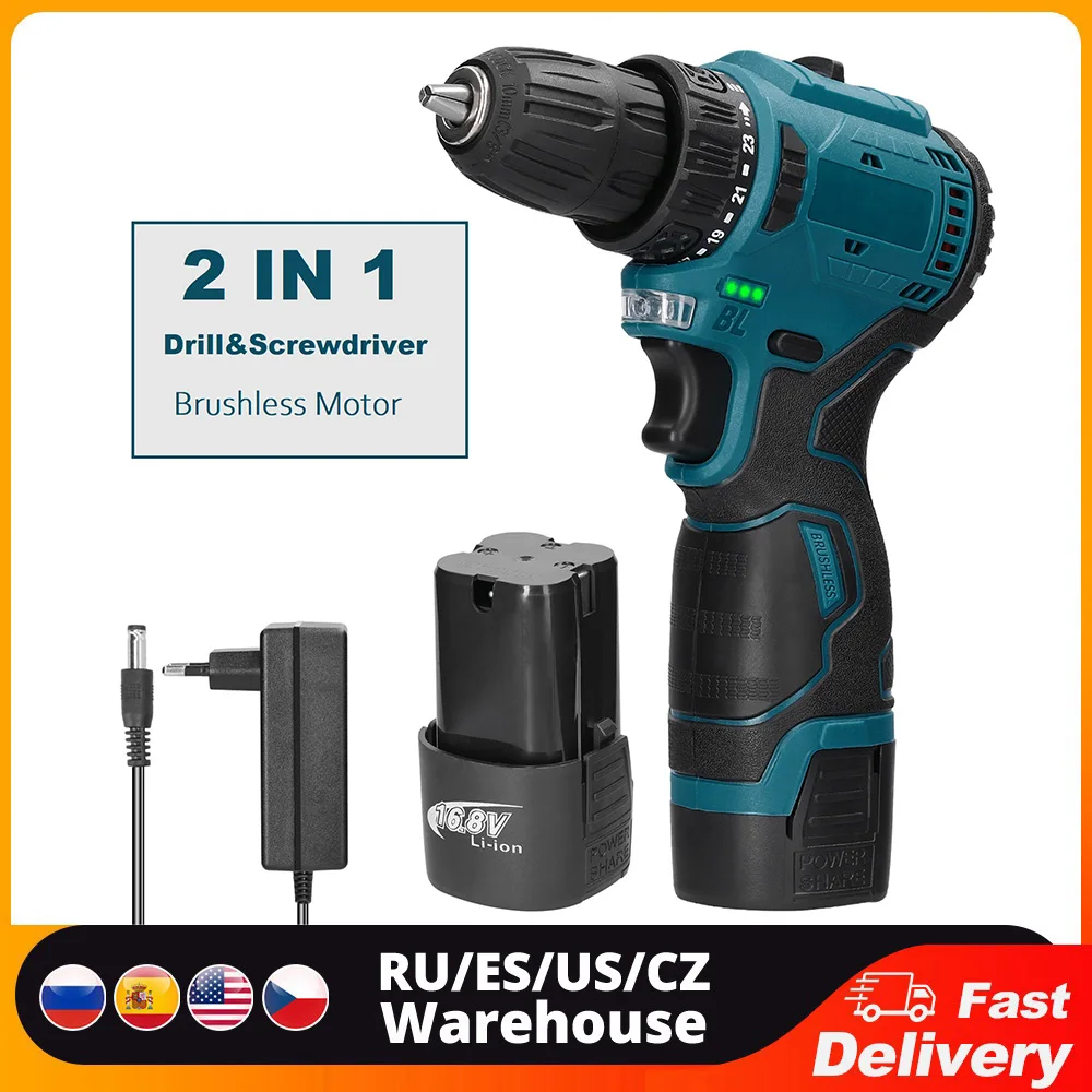 16.8V/21V Brushless 2in1 Cordless Driver Drill Electric Screwdriver battery screwdrivers 21 Rotation Ways drills and screwdriver