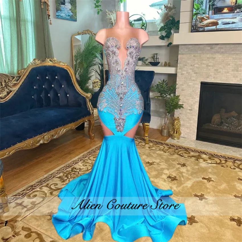 

Luxury Blue Junior Prom Dresses Luxury Black Girls 2026 Silver Beaded Rhinestones Mermaid Party Gown For Special Customized