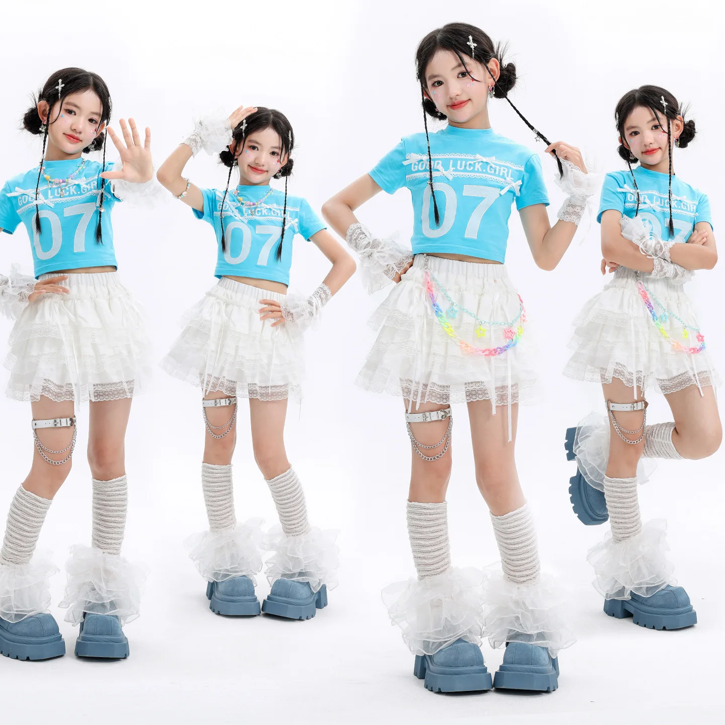 Kid Cute Hip Hop Clothing BLue Crop T Shirt Sleeves White Layered Lace Pleated Mini Skirt for Girls Jazz Dance Costume Clothes